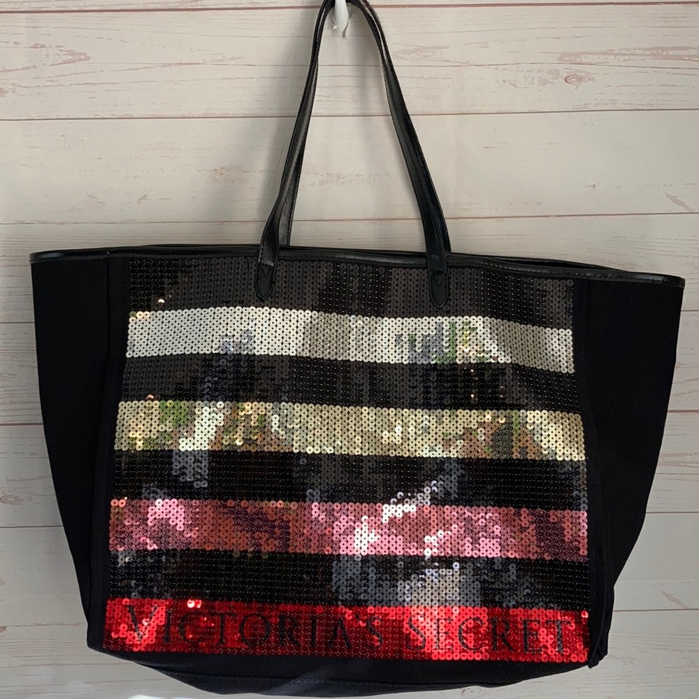 Victoria’s Secret Sequined Striped Large Oversized Tote Bag Sparkly